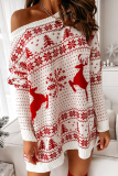 Red Casual Wapiti Snowflakes Christmas Tree Printed Patchwork Contrast O Neck Dresses Sweater