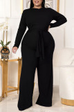 Coffee Casual Solid Bandage Patchwork O Neck Plus Size Two Pieces
