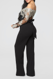 Black Sexy Solid Lace Off the Shoulder Boot Cut Jumpsuits