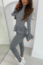 Grey Fashion Casual Patchwork Solid Turtleneck Long Sleeve Tops Two Pieces Set