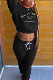 Black Fashion Casual Letter Print Basic O Neck Long Sleeve Two Pieces