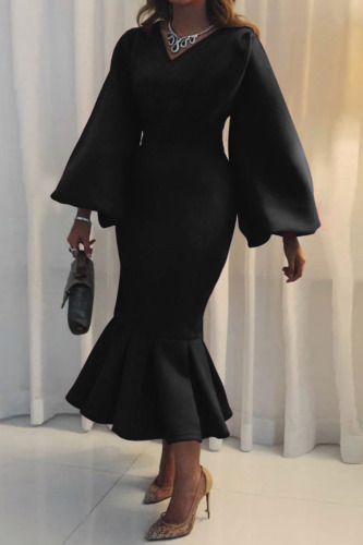 Black Elegant Solid Patchwork V Neck Evening Dress Dresses