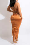 Khaki Fashion Sexy Solid Hollowed Out Backless Slit Halter Evening Dress