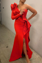 Red Fashion Sexy Solid Split Joint Slit One Shoulder Evening Dress Dresses