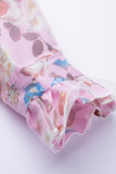 Pink Elegant Print Patchwork Flounce Fold O Neck A Line Dresses