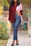 Burgundy Fashion Casual Solid Patchwork Slit O Neck Tops