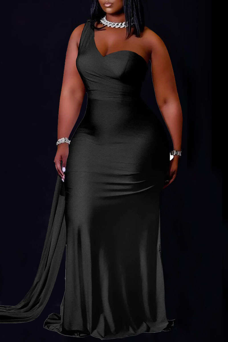 

Black Sexy Solid Patchwork Asymmetrical Collar Evening Dress Plus Size Dresses