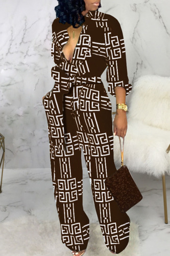 Brown Casual Print Bandage Patchwork Buckle Turndown Collar Straight Jumpsuits