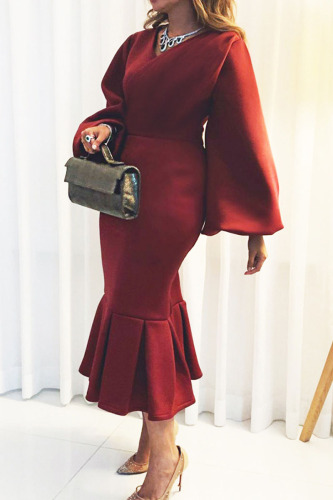 Burgundy Elegant Solid Patchwork V Neck Evening Dress Dresses