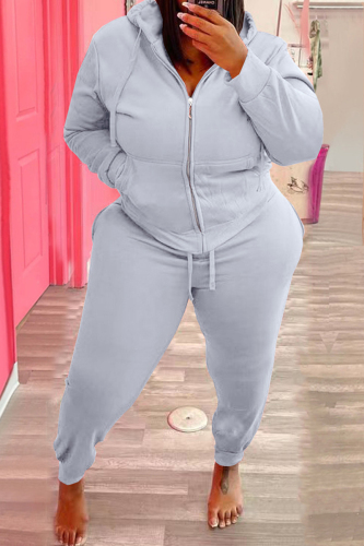Grey Fashion Casual Solid Patchwork Hooded Collar Plus Size Two Pieces