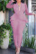 Pink Sexy Solid Split Joint Flounce Asymmetrical V Neck Long Sleeve Two Pieces