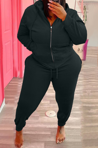 Black Fashion Casual Solid Patchwork Hooded Collar Plus Size Two Pieces
