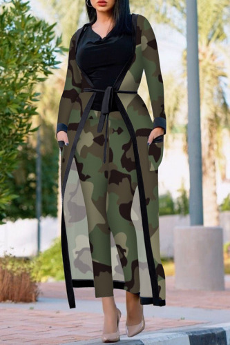 Camouflage Casual Print Patchwork Long Sleeve Two Pieces