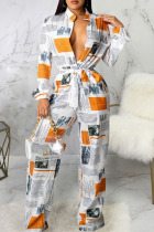 Yellow White Casual Print Bandage Split Joint Buckle Turndown Collar Straight Jumpsuits