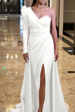 White Elegant Print Patchwork Asymmetrical Asymmetrical Collar Evening Dress Dresses