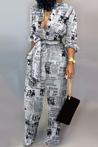 Black And White Casual Print Bandage Split Joint Buckle Turndown Collar Straight Jumpsuits