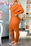 Orange Fashion Casual Solid Patchwork V Neck Regular Jumpsuits