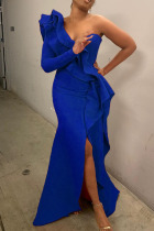 Blue Fashion Sexy Solid Split Joint Slit One Shoulder Evening Dress Dresses