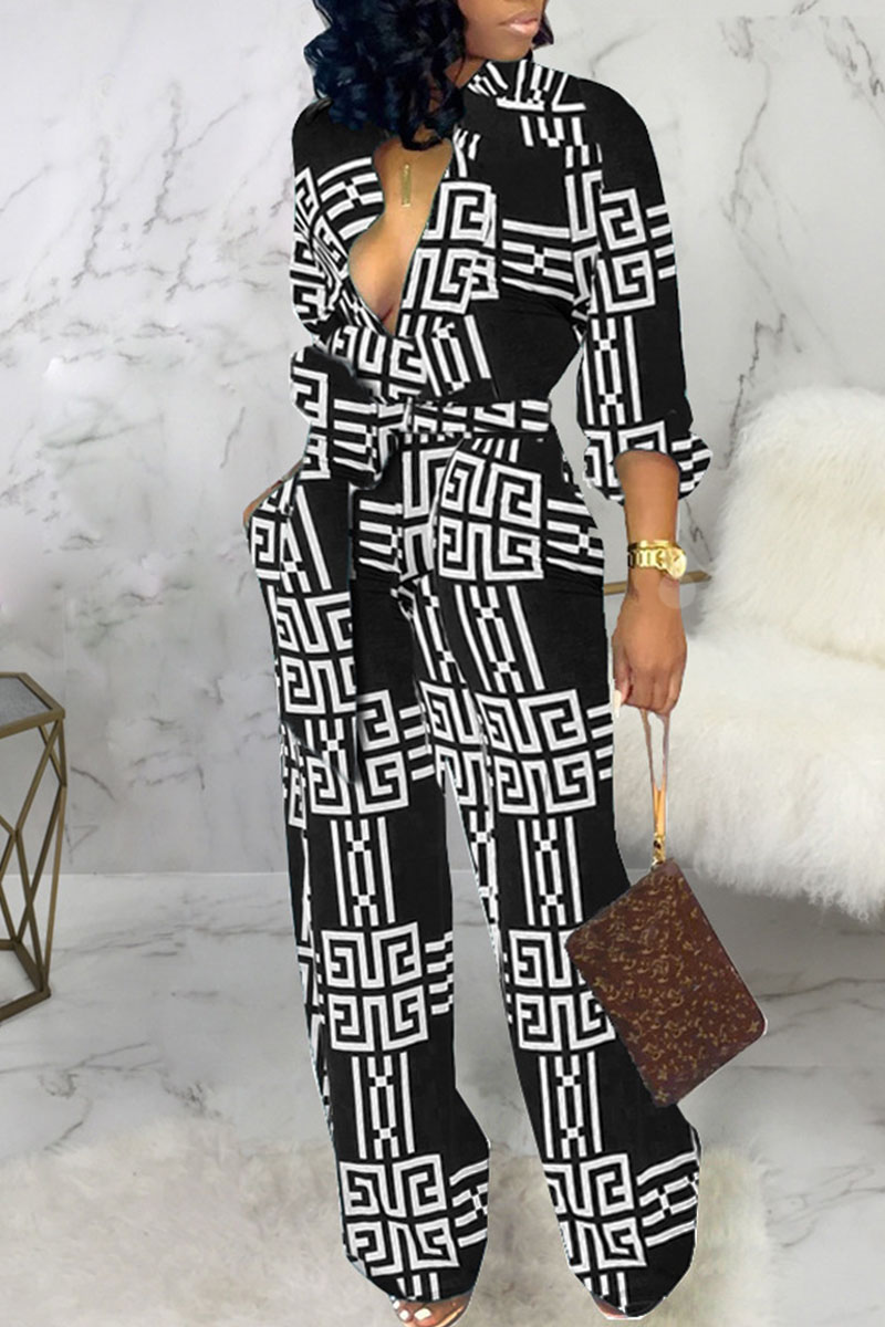 

Black Casual Print Bandage Patchwork Buckle Turndown Collar Straight Jumpsuits