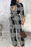 Black Casual Print Bandage Patchwork Buckle Turndown Collar Straight Jumpsuits
