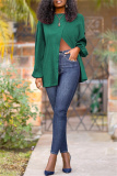 Green Fashion Casual Solid Patchwork Slit O Neck Tops
