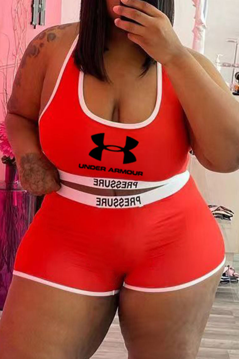Red Fashion Sportswear Print Letter U Neck Plus Size Swimwear
