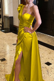 Yellow Elegant Print Patchwork Asymmetrical Asymmetrical Collar Evening Dress Dresses