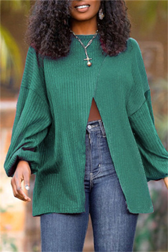 Green Fashion Casual Solid Patchwork Slit O Neck Tops