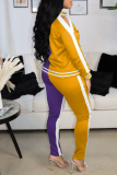 Yellow Purple Fashion Casual Patchwork Hollowed Out Zipper Collar Long Sleeve Two Pieces