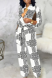 White Casual Print Bandage Patchwork Buckle Turndown Collar Straight Jumpsuits