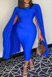 Blue Fashion Casual Solid Patchwork Fold O Neck Plus Size Dresses