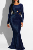 Blue Fashion Long Sleeves O neck Mermaid Floor-Length Vintage Dresses
