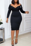 Black Elegant Solid Patchwork Fold V Neck One Step Skirt Dresses