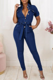 Light Blue Fashion Casual Solid Split Joint With Belt Turndown Collar Regular Jumpsuits