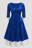 Blue Casual Sweet Print Patchwork O Neck A Line Plus Size Dresses