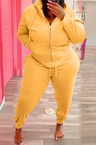 Yellow Fashion Casual Solid Patchwork Hooded Collar Plus Size Two Pieces