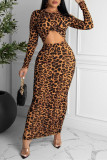 Leopard Print Fashion Sexy Print Leopard Hollowed Out O Neck Long Sleeve Dresses