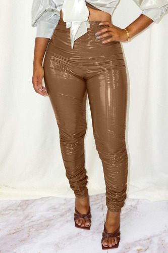 Coffee Sexy Solid Patchwork Skinny High Waist Pencil Solid Color Bottoms