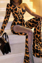 Leopard Print Fashion Casual Print Leopard Split Joint Backless Oblique Collar Regular Jumpsuits