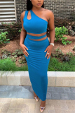 Blue Sexy Single Shoulder Tops Skirt Fitted Set