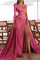Rose Red Elegant Print Patchwork Asymmetrical Asymmetrical Collar Evening Dress Dresses