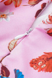 Pink Elegant Print Patchwork Flounce Fold O Neck A Line Dresses