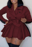 rose red Sweet British Style Solid Patchwork Turn-back Collar Long Sleeve Dress Plus Size Dresses