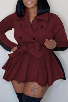 Burgundy Sweet British Style Solid Patchwork Turn-back Collar Long Sleeve Dress Plus Size Dresses