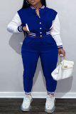 Blue Casual Solid Patchwork O Neck Plus Size Two Pieces