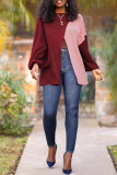 Burgundy Fashion Casual Solid Patchwork Slit O Neck Tops