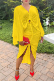 Yellow Fashion Solid Hollowed Out Fold Asymmetrical V Neck Long Sleeve Dresses