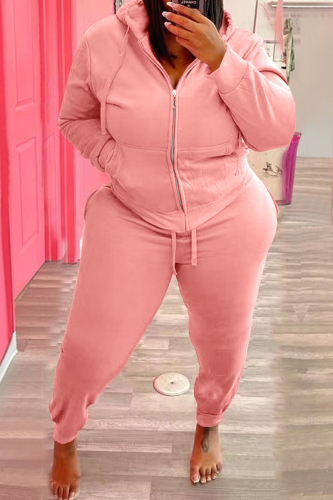 Pink Fashion Casual Solid Patchwork Hooded Collar Plus Size Two Pieces