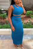 Blue Sexy Single Shoulder Tops Skirt Fitted Set