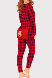 Red Fashion Living Plaid Print Patchwork V Neck Regular Jumpsuits